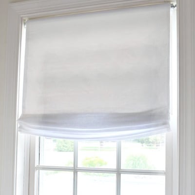 No Sew Roman Shade in white linen on window