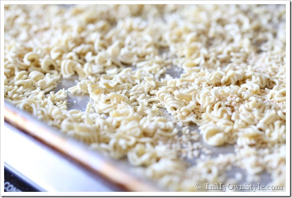 Ramen-Noodles broken up on cooking sheet.