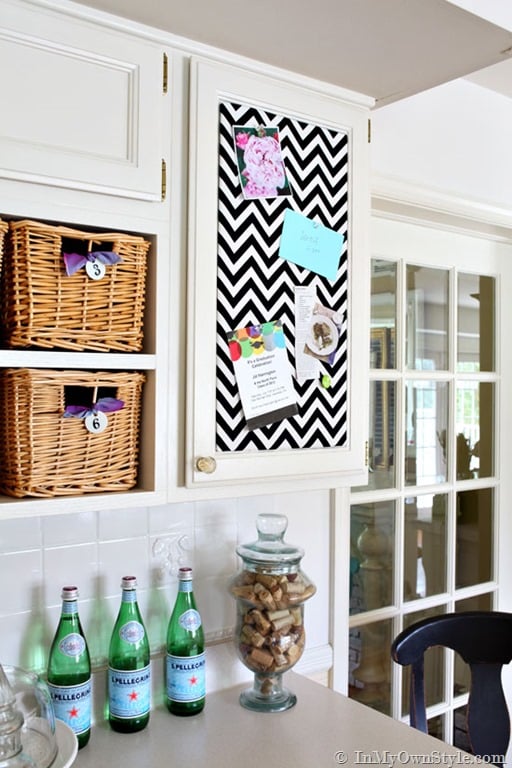 Fabric covered Memo board on kitchen cabinet door