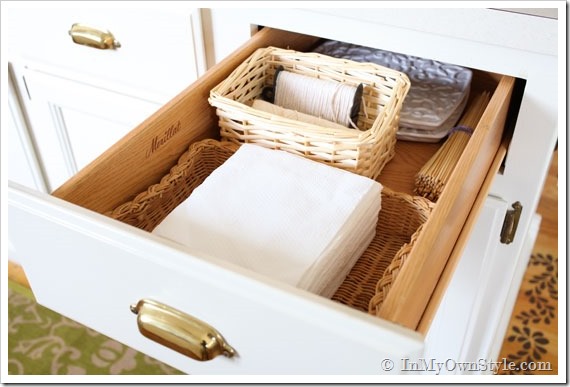 Kitchen-Drawer-filled with small baskets to hold small items.