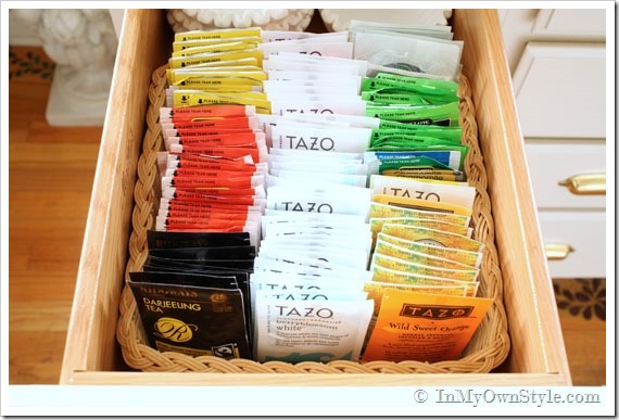 Organizing-teabags in a drawer-using-baskets.