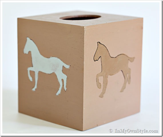 Wooden-Tissue-Box from the thrift store with horse images on it.