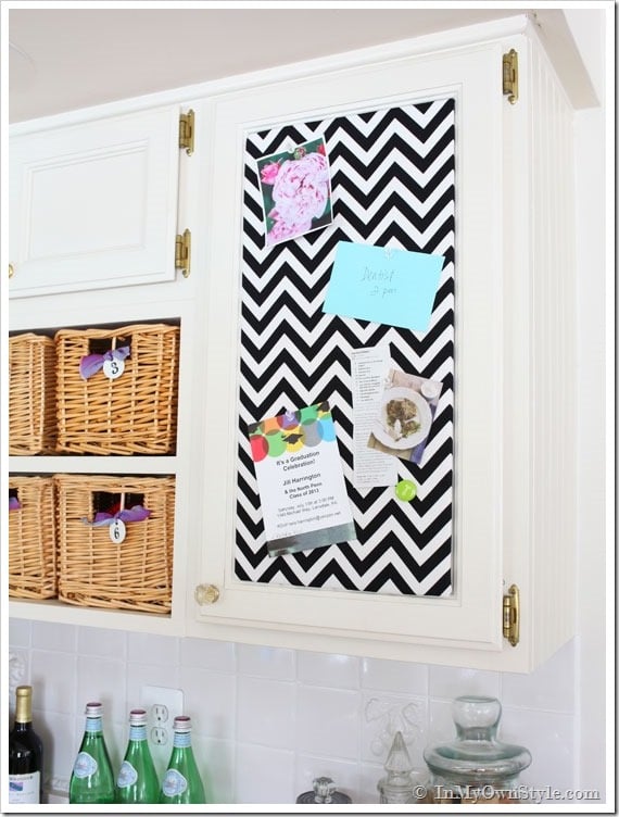 Completed Memo board attached to the front of a kitchen cabinet.