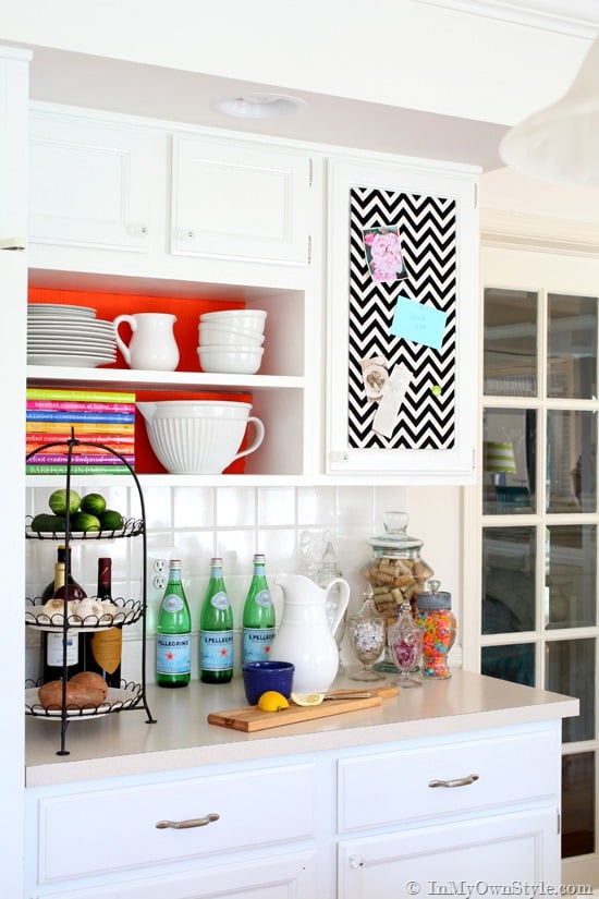 Kitchen-Decorating-Ideas-on-a-Budget-using-colorful fabric ad giftwrap