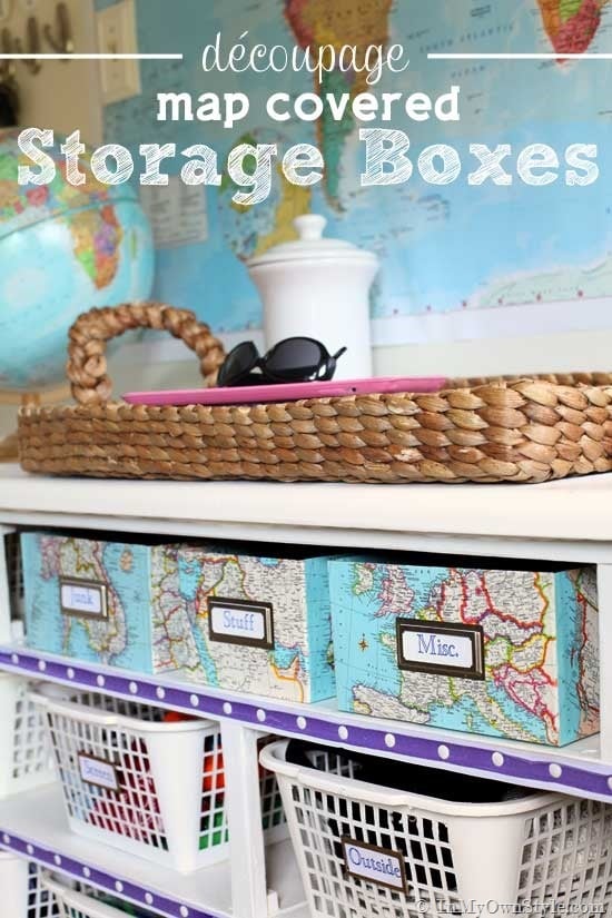 Shelf Organizing Ideas using Decoupaged-Map-Covered-Storage-Boxes