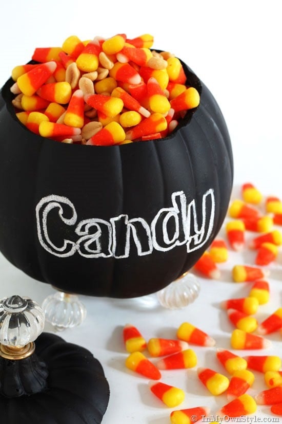 DIy Foam pumpkin candy jar that can also do double-duty as a fall flower vase for a table.