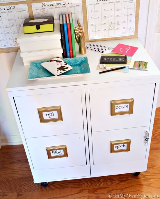 Standard metal file cabinets after a makeover using homemade chalk paint.