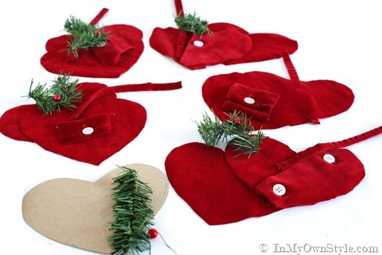 How-to-make-heart-ornament for a Christmas tree-out-of-a-shirt