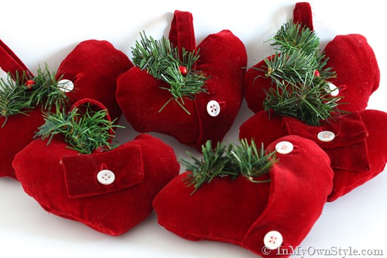 How to make Velvet Heart Christmas Ornaments from a shirt.