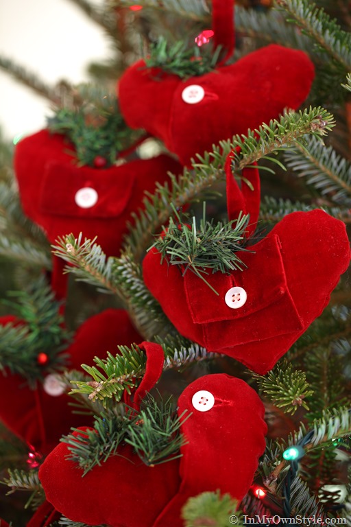 Handmade Christmas ornament hearts using a beloved family members shirt