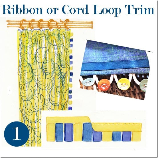 Color illustration showing ideas on how to make your own trim for curtains using ribbon and buttons.