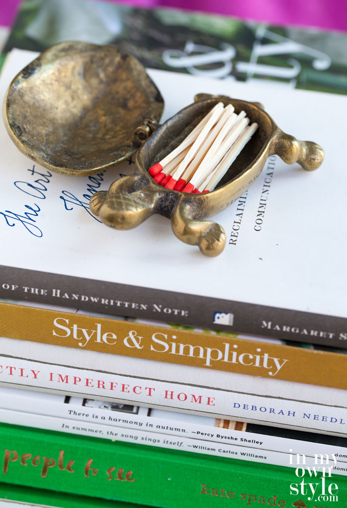 Vintage brass turtle that opens to hold matches is one item that has meaning to me so I always keep it on display.