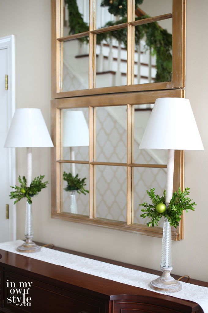 easy Christmas decor for buffet lamps on a sideboard