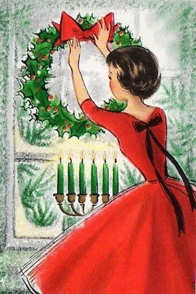 Vintage-Christmas-Card-Woman-in-Fashionable-red-dress