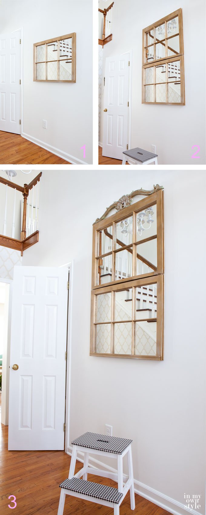 Repurposing ideas for using old window frames. Use them to make a tall mirror for and entryway or foyer. 