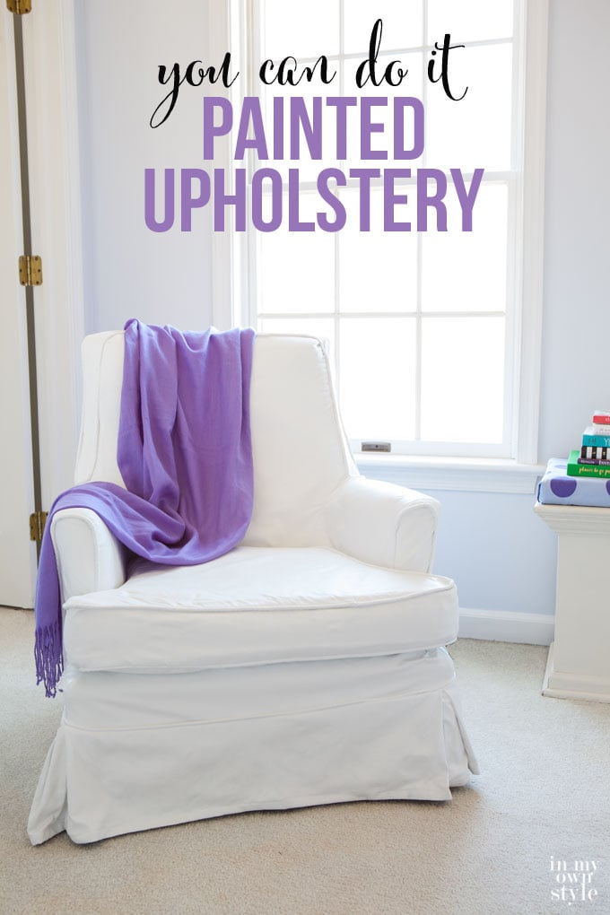 This is such an affordable way to update upholstery you don't like or is outdated. Before and after furniture makeover where fabric upholstery was painted. It looks amazing and feels and looks like a leather chair now. Paint recipe and tutorial | In My Own Style