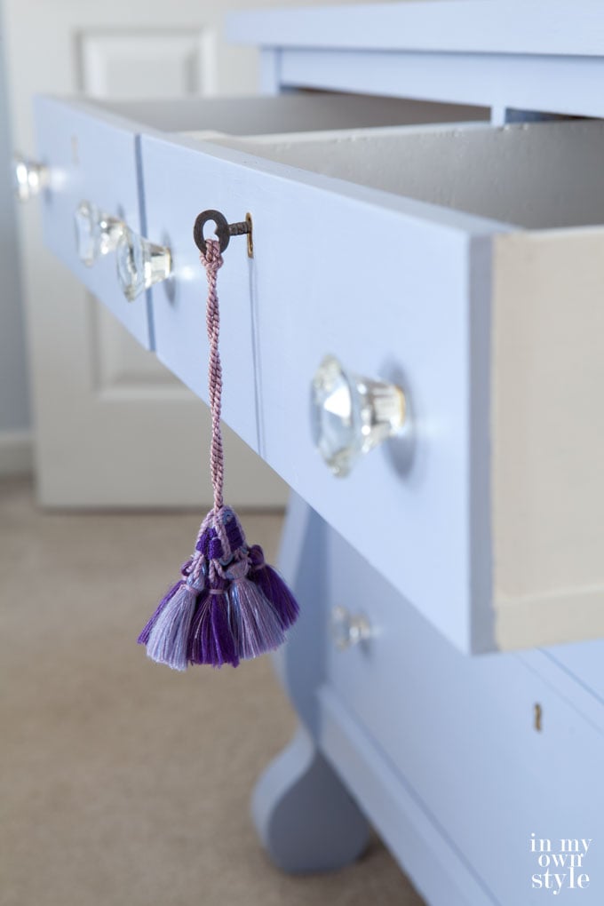 Chalk paint a dresser with no distressing, including how to paint the metal details on furniture with brass paint.  