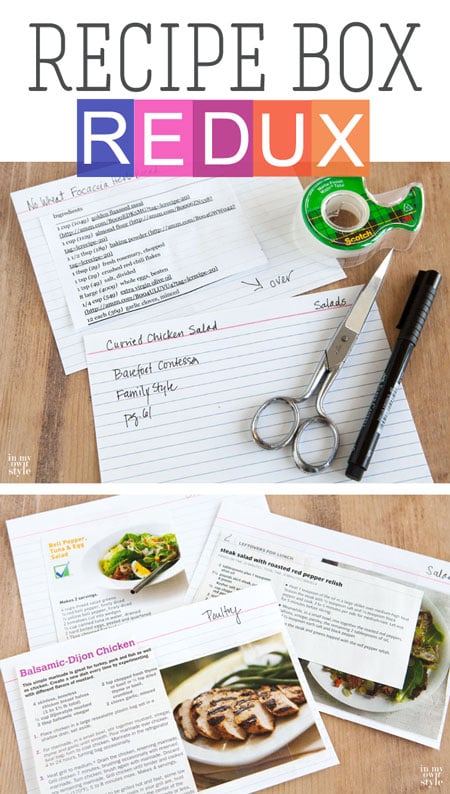 Recipe cards and box on wood table. Graphic overlay that says Recipe Box Redux