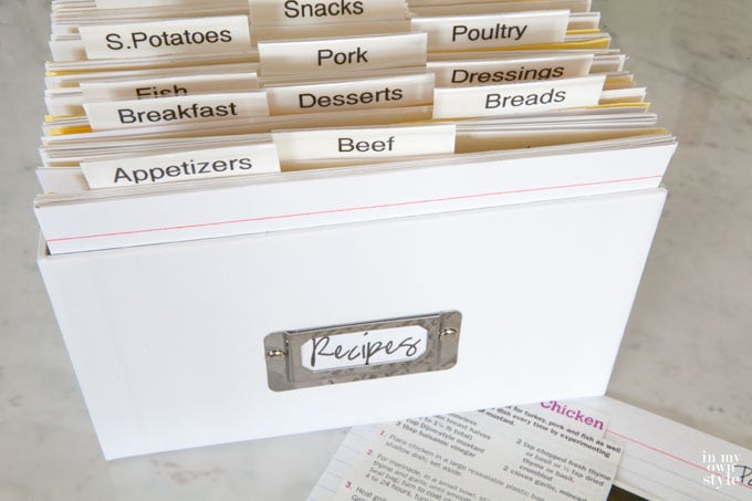 white cardboard recipe box on table with white category tabs
