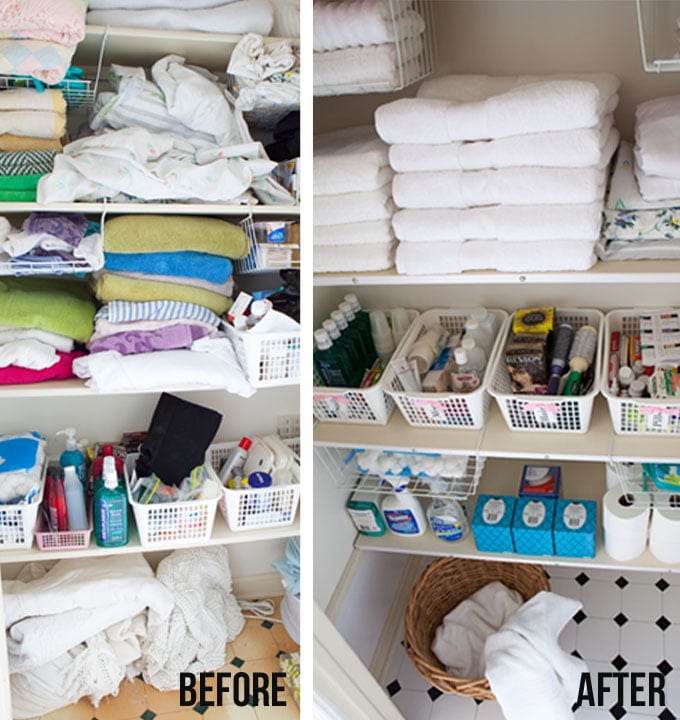 Decluttering a linen closet before and after budget makeover