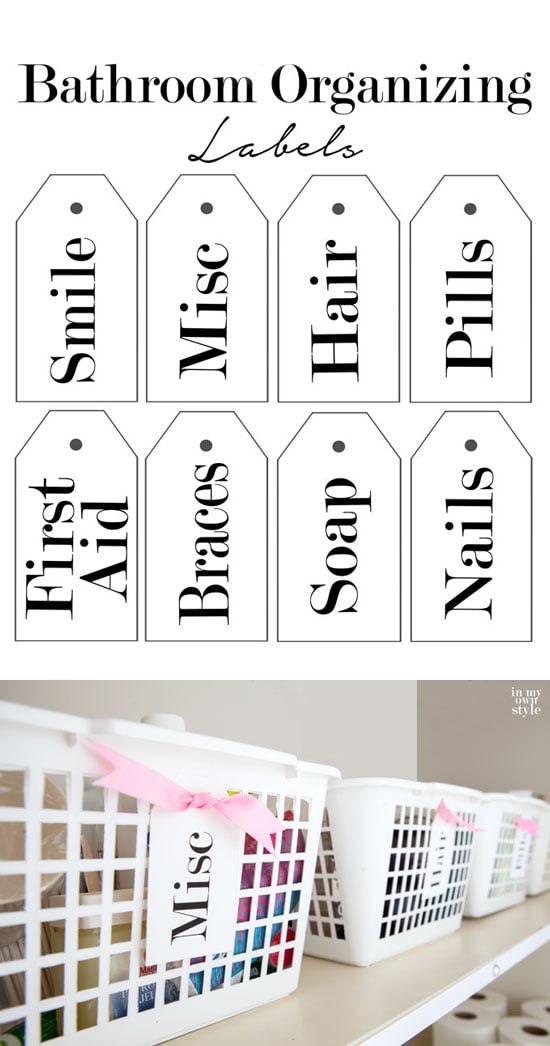 Dollar Store baskets get a style upgrade with these free printable labels for bathroom supplies. | In My Own Style