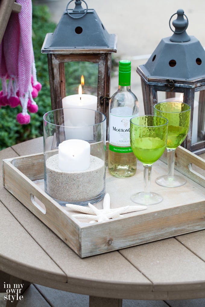 Driftwood finish outdoor furniture with tray on top