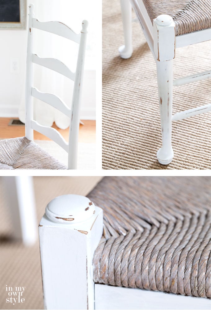 Close up images showing areas to distress-when making over dining chairs with sandpaper.