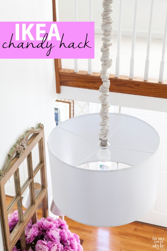 A modern chandy for under $50. I did a little hack using an IKEA NYMO shade and a pendanyt light from Lowes to create an affordable chandelier for my foyer. I