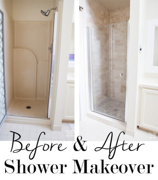 Image graphic showing two images side by side of shower before and after makeover.