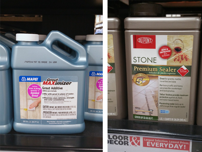 Two bottles of supplies. Sealer to use on stone tile that will get wet and grout.