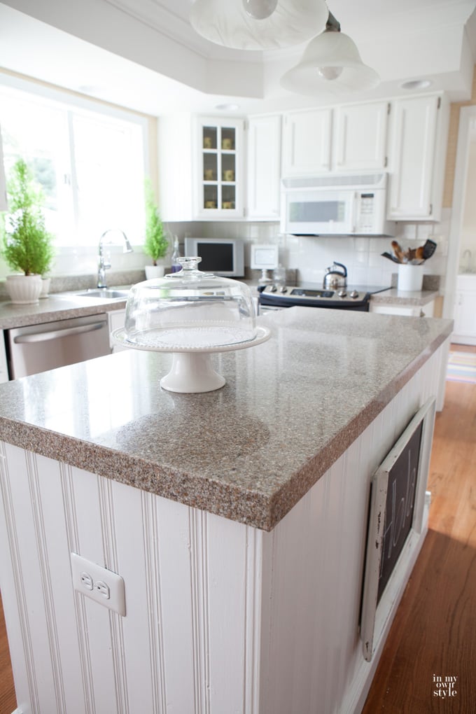 Kitchen island redone with bead board and no miter molding.