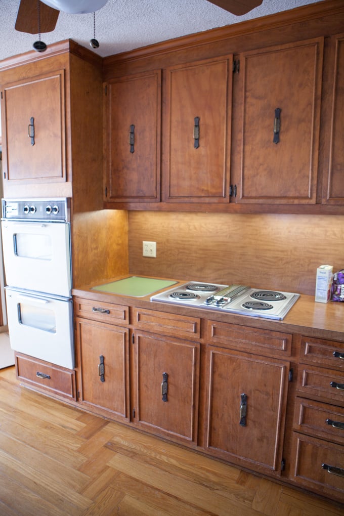 1970's brown wood Kitchen before makeover
