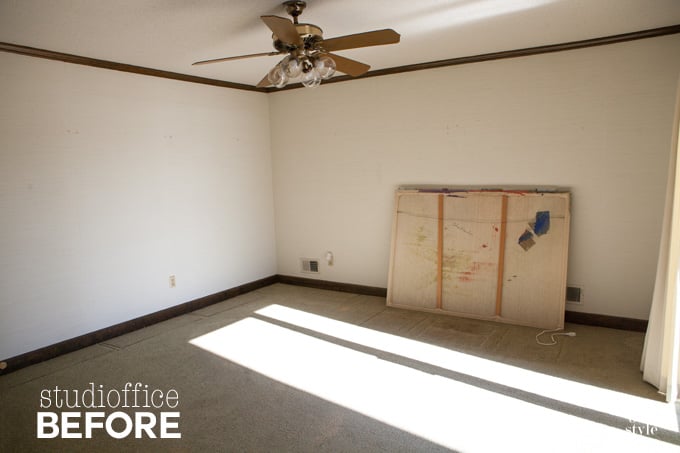 Before and after luxury vinyl plank flooring makeover for a home office