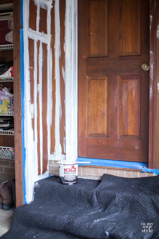Before and after DIY garage makeover showing how to paint wood paneling. InMyOwnStyle.com