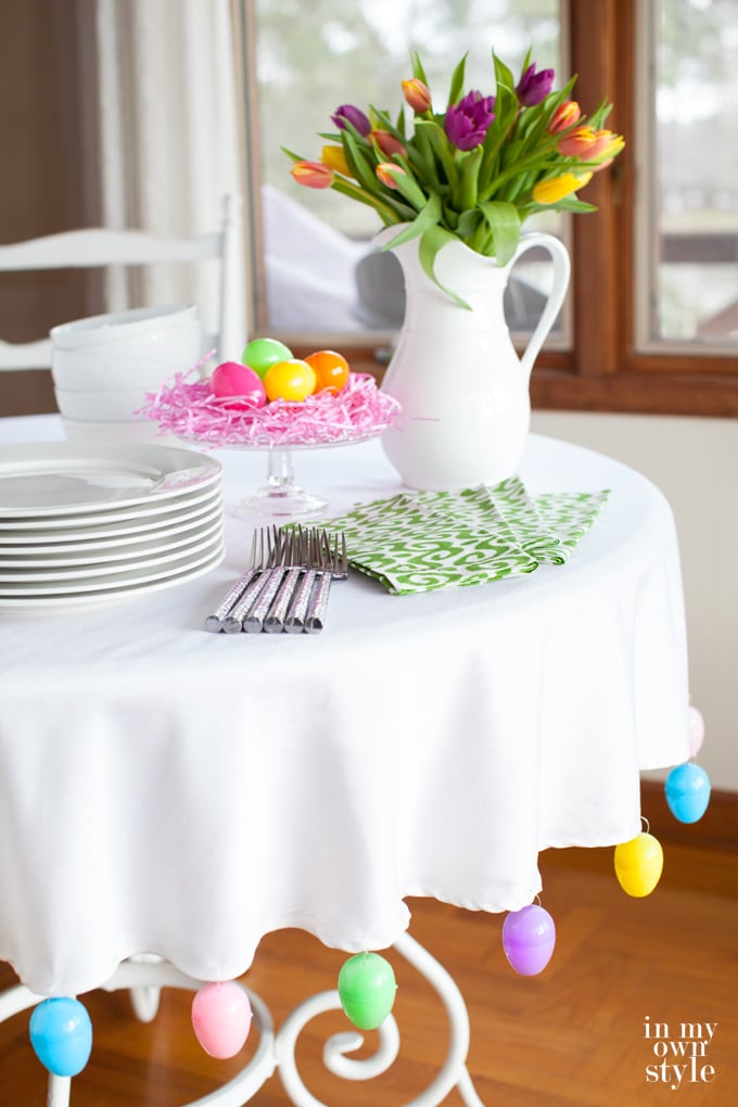 Easter table setting idea using colorful plastic Easter Eggs