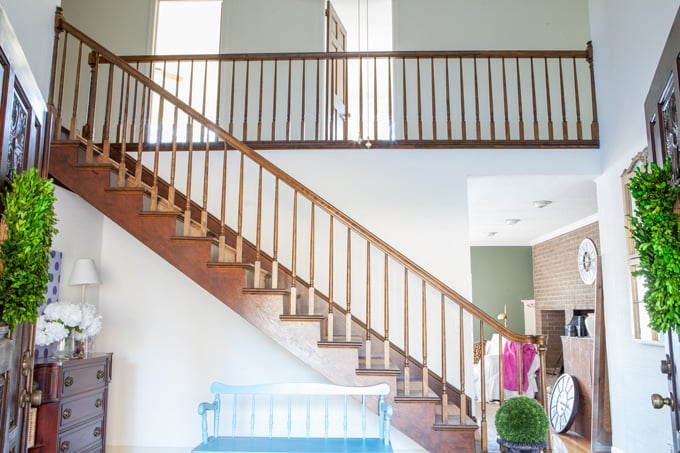 wood staircase makeover in foyer