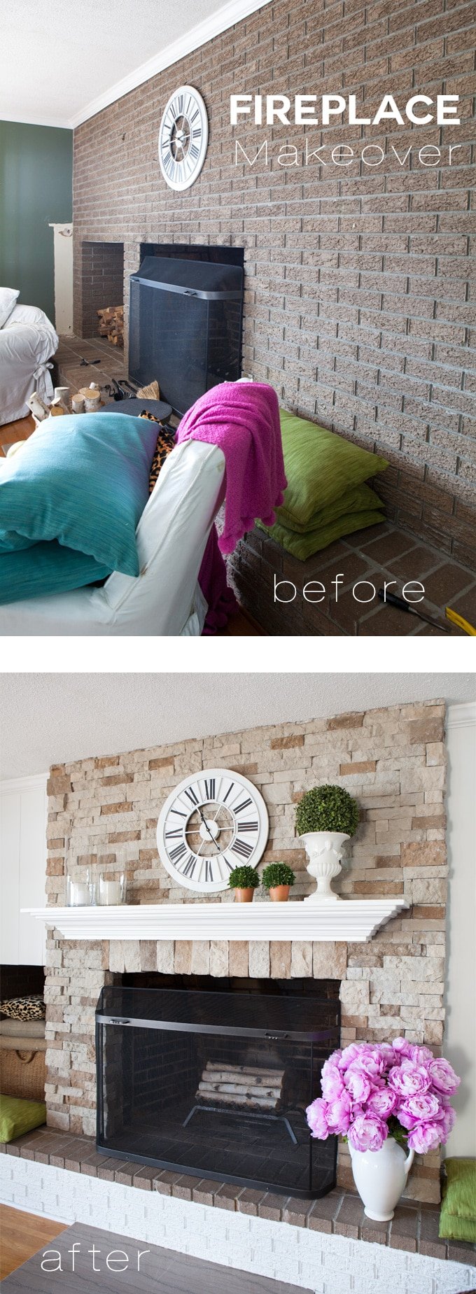 DIY fireplace and mantel makeover. This fireplace went from boring brick to wow by using a piece of repurposed furniture to create the floating mantel. | In My Own Style