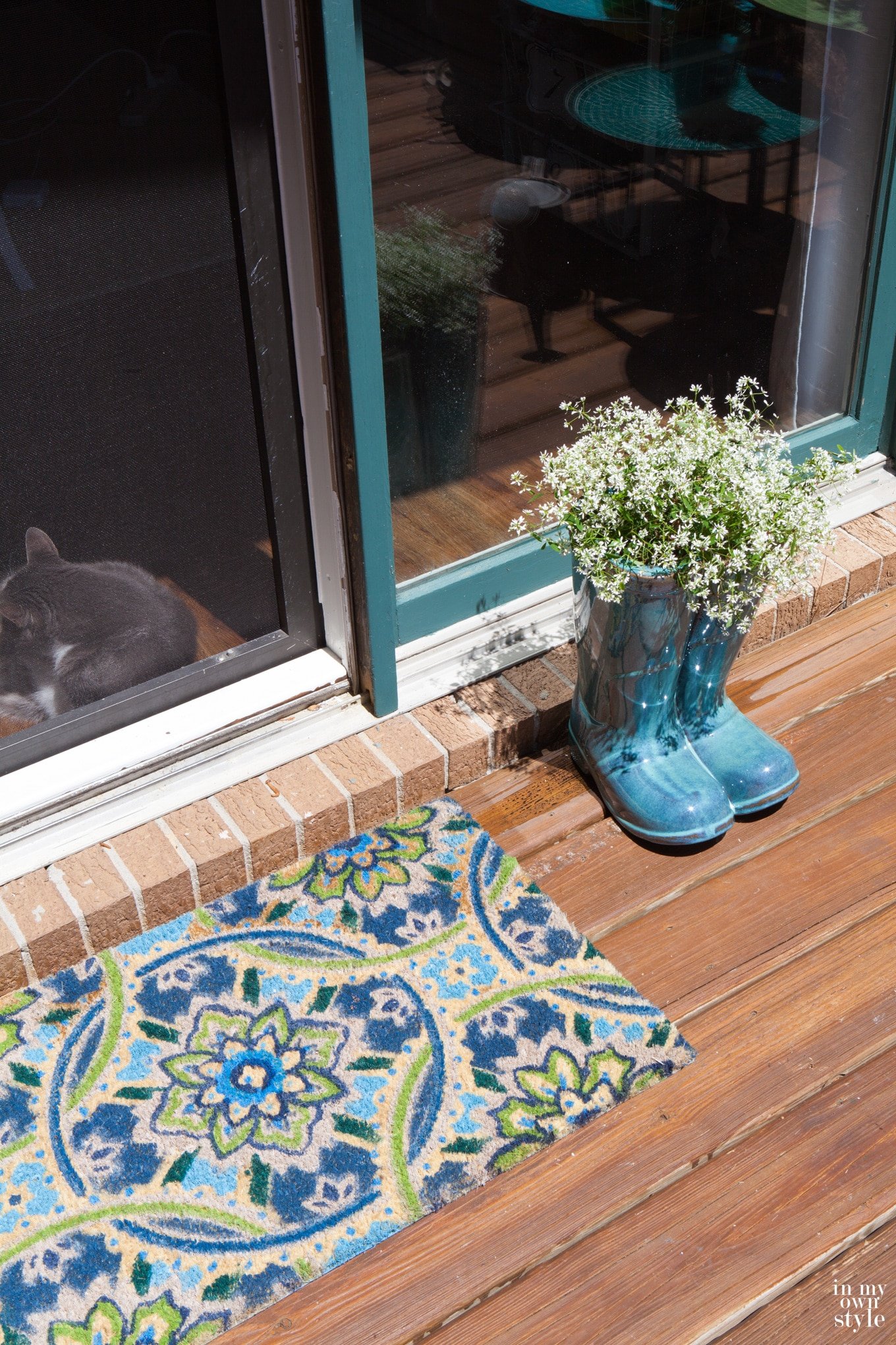 Door mat in turquoise, blue and green pattern
