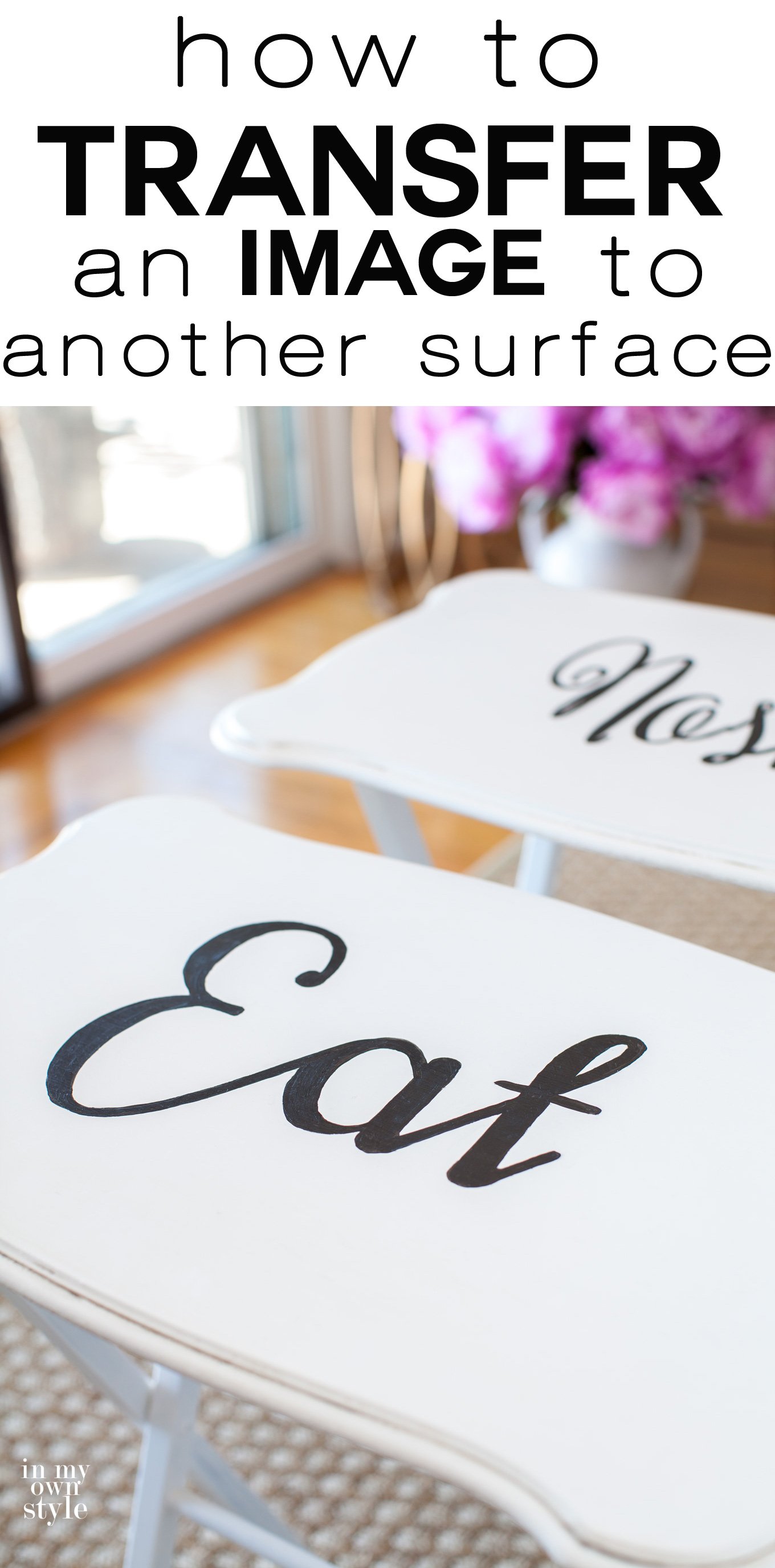 Painted wood furniture makeover. Click to see what you can use from your kitchen to transfer typography or images to furniture and more. It is simple and an easy way to add personality to your furniture makeovers. | In My Own Style
