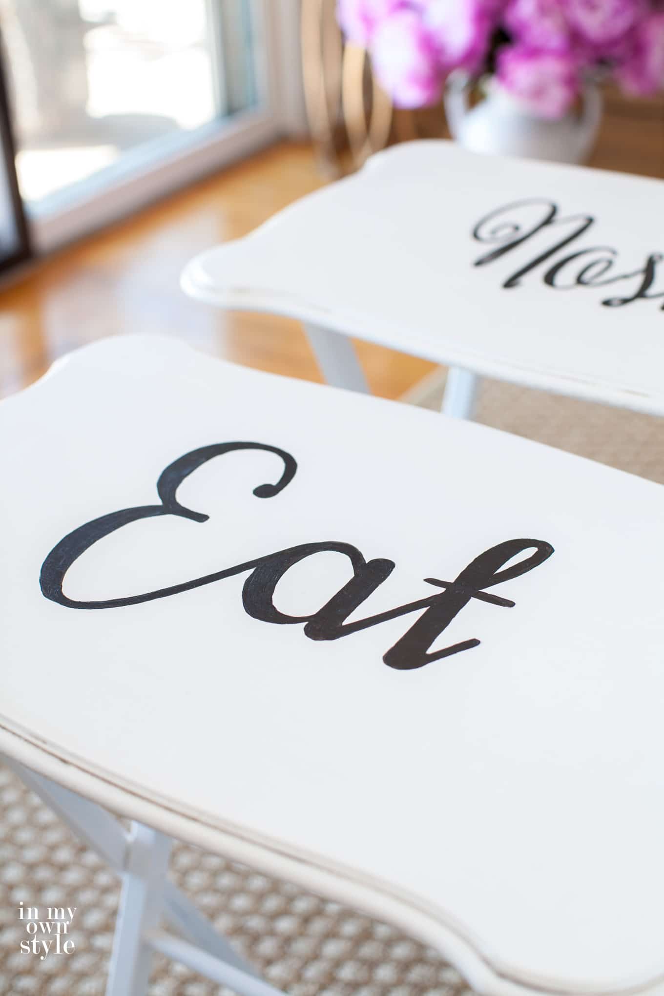 A second hand set of wood TV tray tables become chic bistro tables.