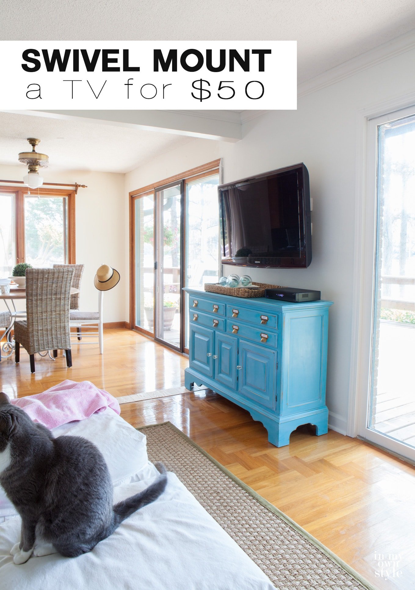 How to install a swivel TV mount for $50. Come and find out how to hide the TV cords too! | In My Own Style