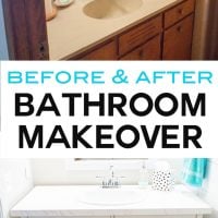 Before and after bathroom makeover done on a small budget. New flooring, sink, toilet and more. The real money saver was repurposing a piece of furniture into a stylish and chic sink vanity.