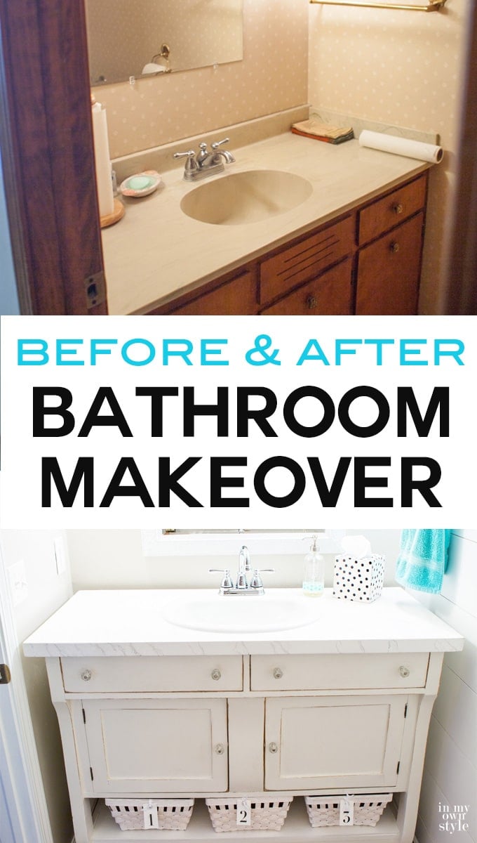 Before and after bathroom makeover done on a small budget. New flooring, sink, toilet and more. The real money saver was repurposing a piece of furniture into a stylish and chic sink vanity.
