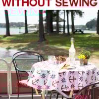 How to decorate with fabric without sewing a stitch! Super easy techniques that will have you making no sew decorative fabric treatments for all the rooms in your house. From seat cushions , tablecloths and more.