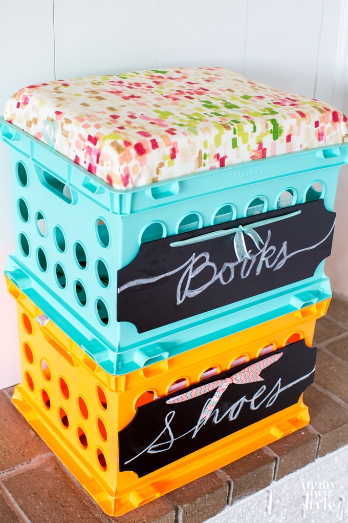 Stackable storage using plastic storage crates. Perfect for dorm room decor.