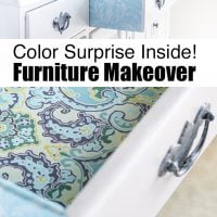 Furniture makeover that goes beyond just the exterior of the piece. Why not take make your next furniture extra special by lining the drawer with fabric and stenciling the sides.