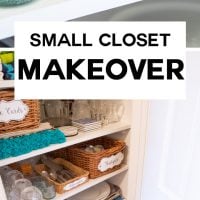 Affordable tips to help you make the most of a small closet. I made this coat closet into my china closet. Check out how to use small baskets to help you stay organized, plus free printable labels to download and make to label your stuff.