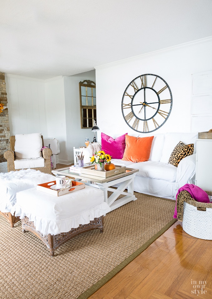 white living room for fall decorating