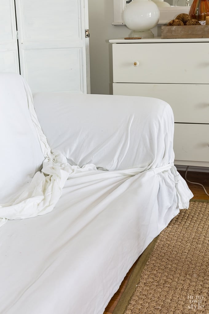 How to add covered cushions to a loose throw over style sofa slipcover