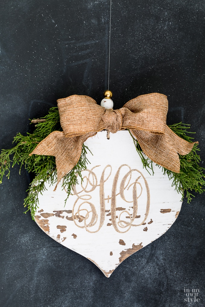 carved-wood monogrammed ornament for Christmas